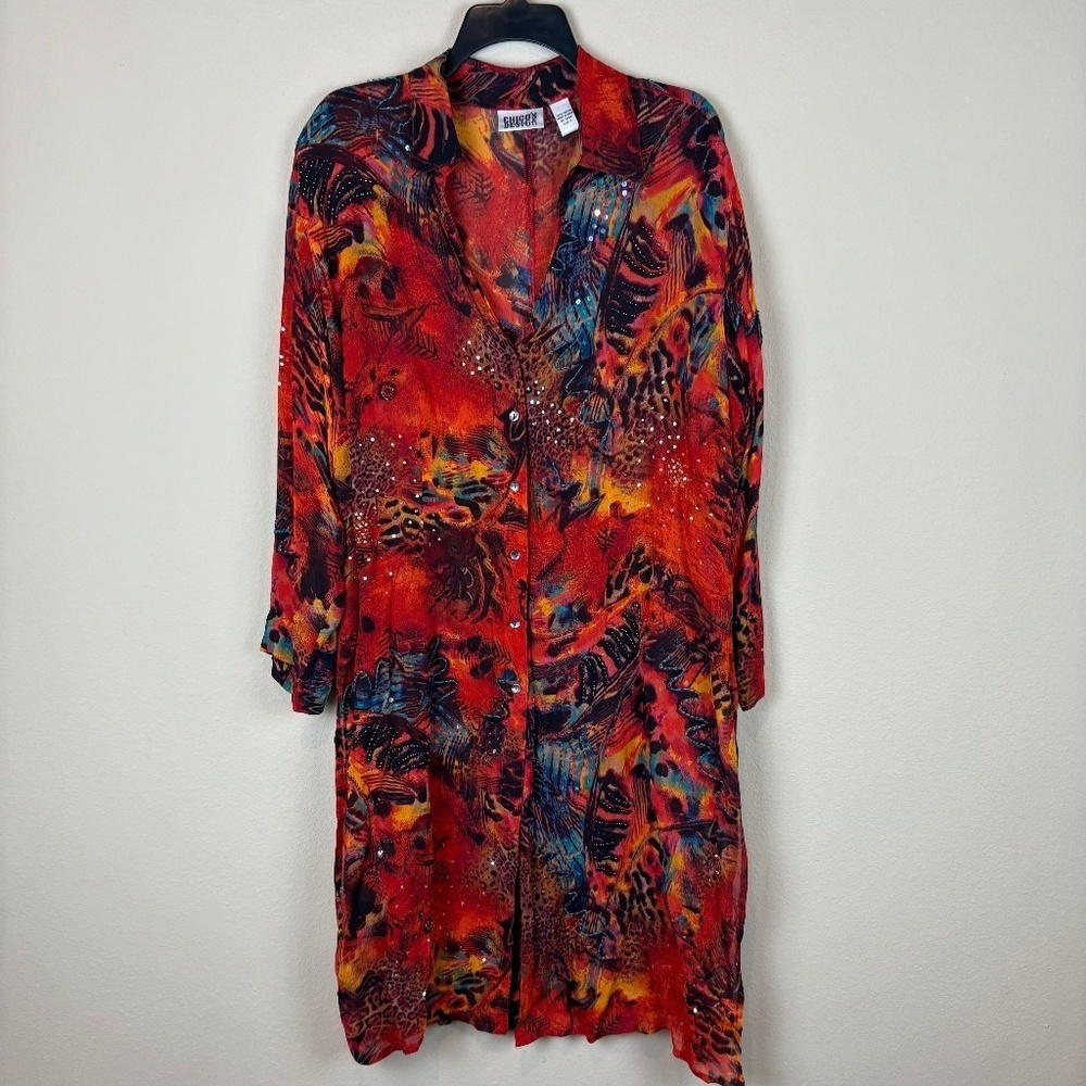 Chico's Design Vintage Rust/Orange/Blue Sheer Duster Mixed Animal Print; Size 3